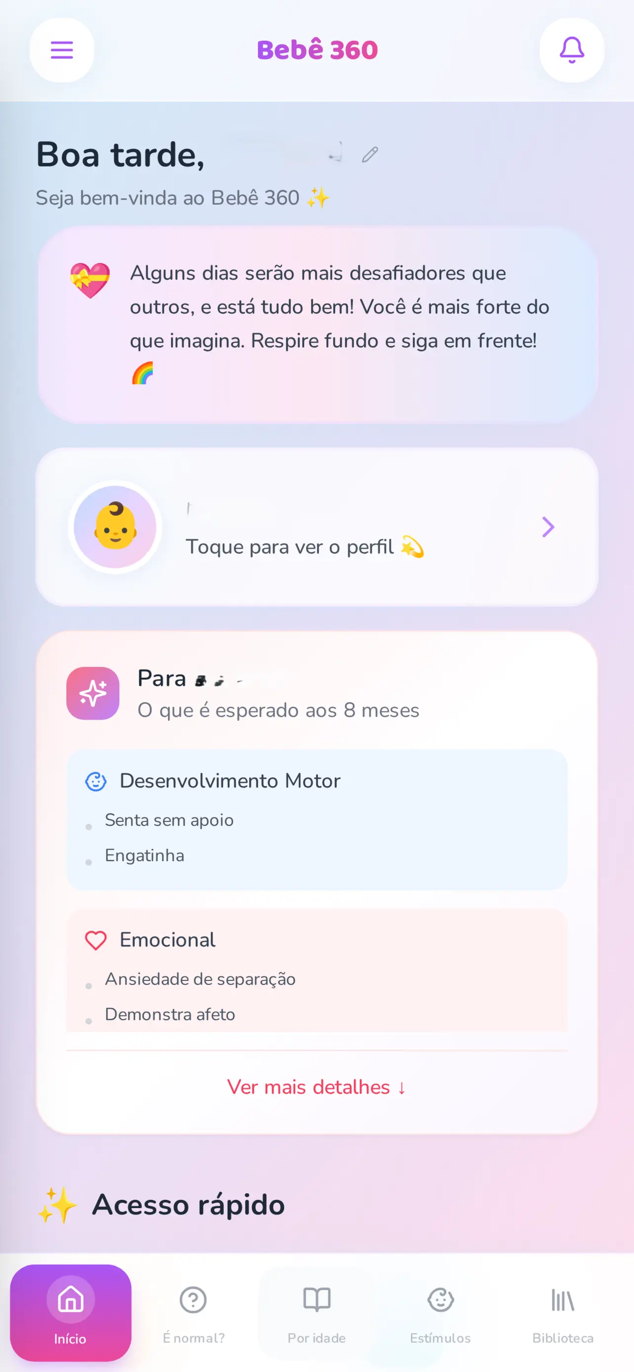 Tela inicial do Bebê 360 com o guia do que é esperado aos 8 meses, listando marcos de desenvolvimento motor e emocional.