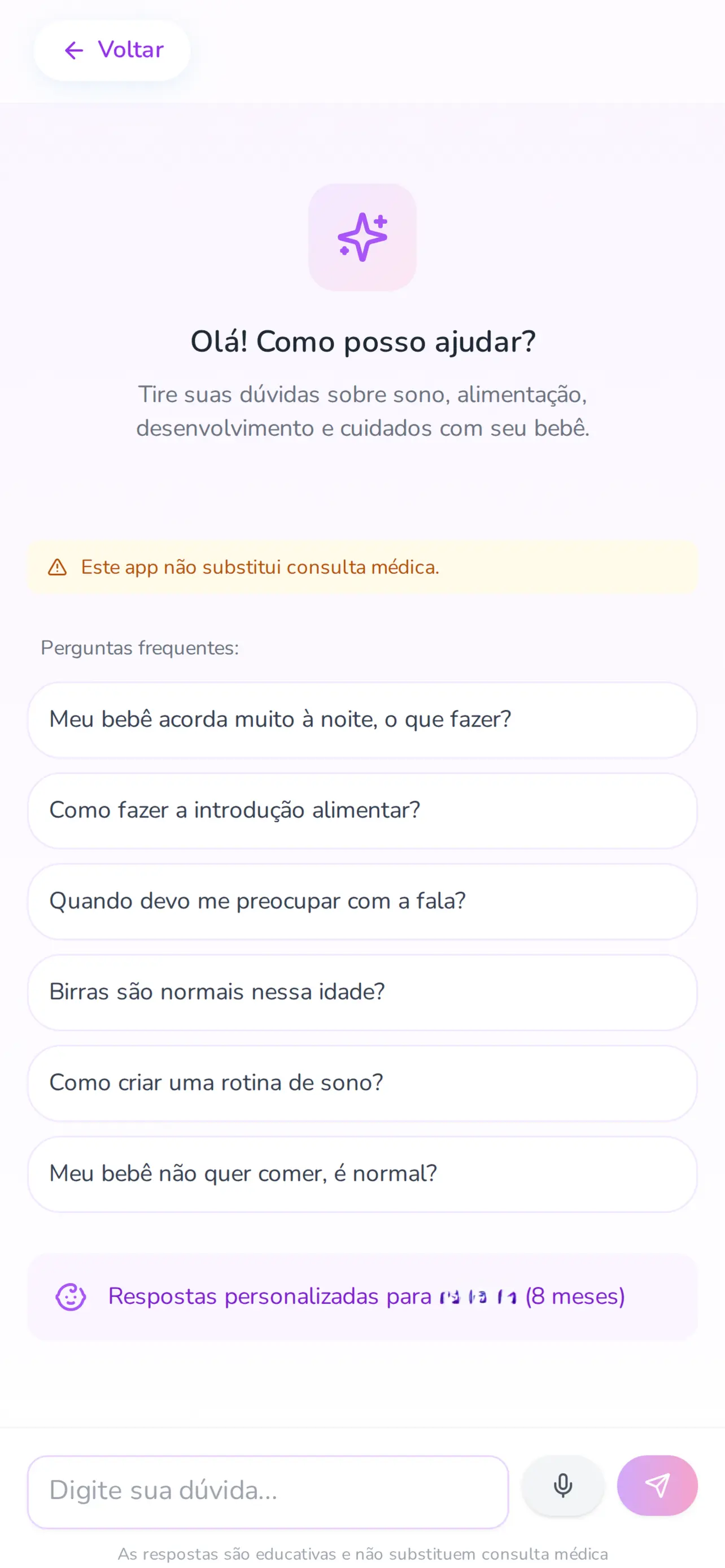 Tela do assistente do Bebê 360 com sugestões de dúvidas sobre sono, introdução alimentar e desenvolvimento, e o campo para escrever a pergunta.